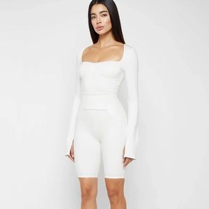 Pleated Vegan Leather & Bandage Playsuit - White